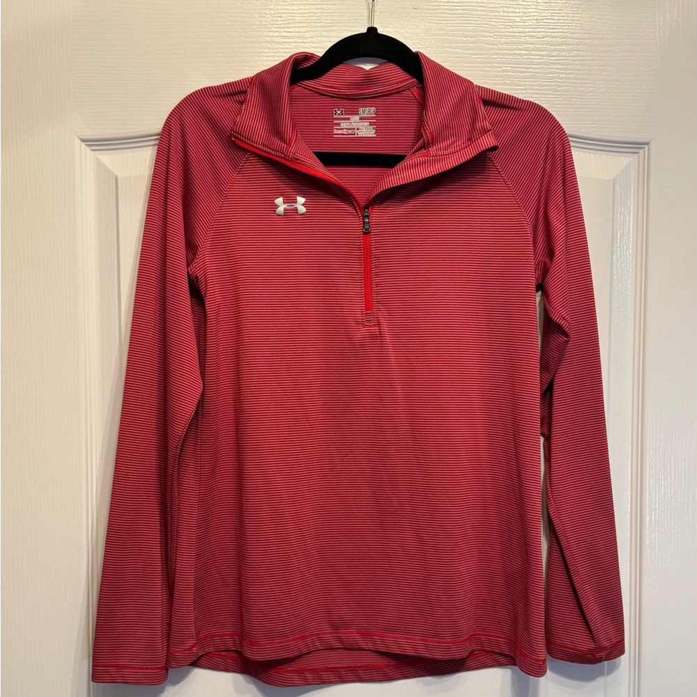 Women’s Small Red Striped Under Armour Heat Gear Half Zip Pull Over